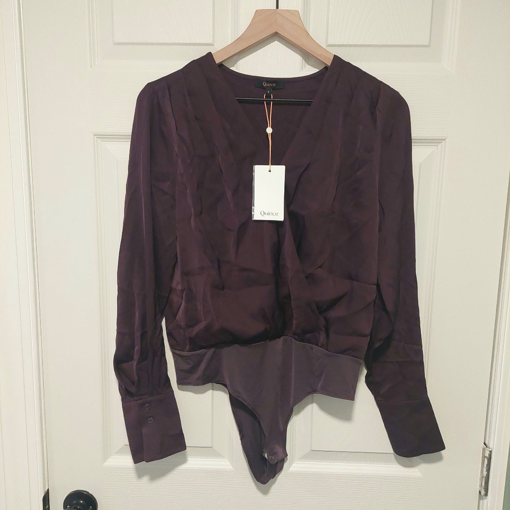 NWT! Quince Washable Stretch Silk Surplice Sleeved Purple Bodysuit! Sz. S (H54) - Picture 7 of 11